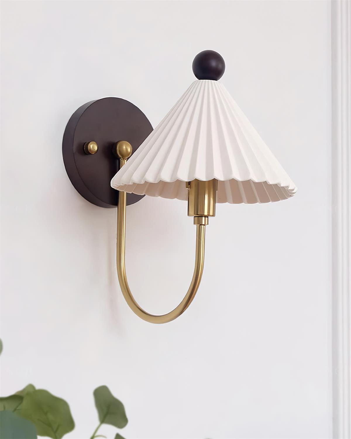 Elodie Ceramics Wall Lamp with Pleated Shade and Wood Accent