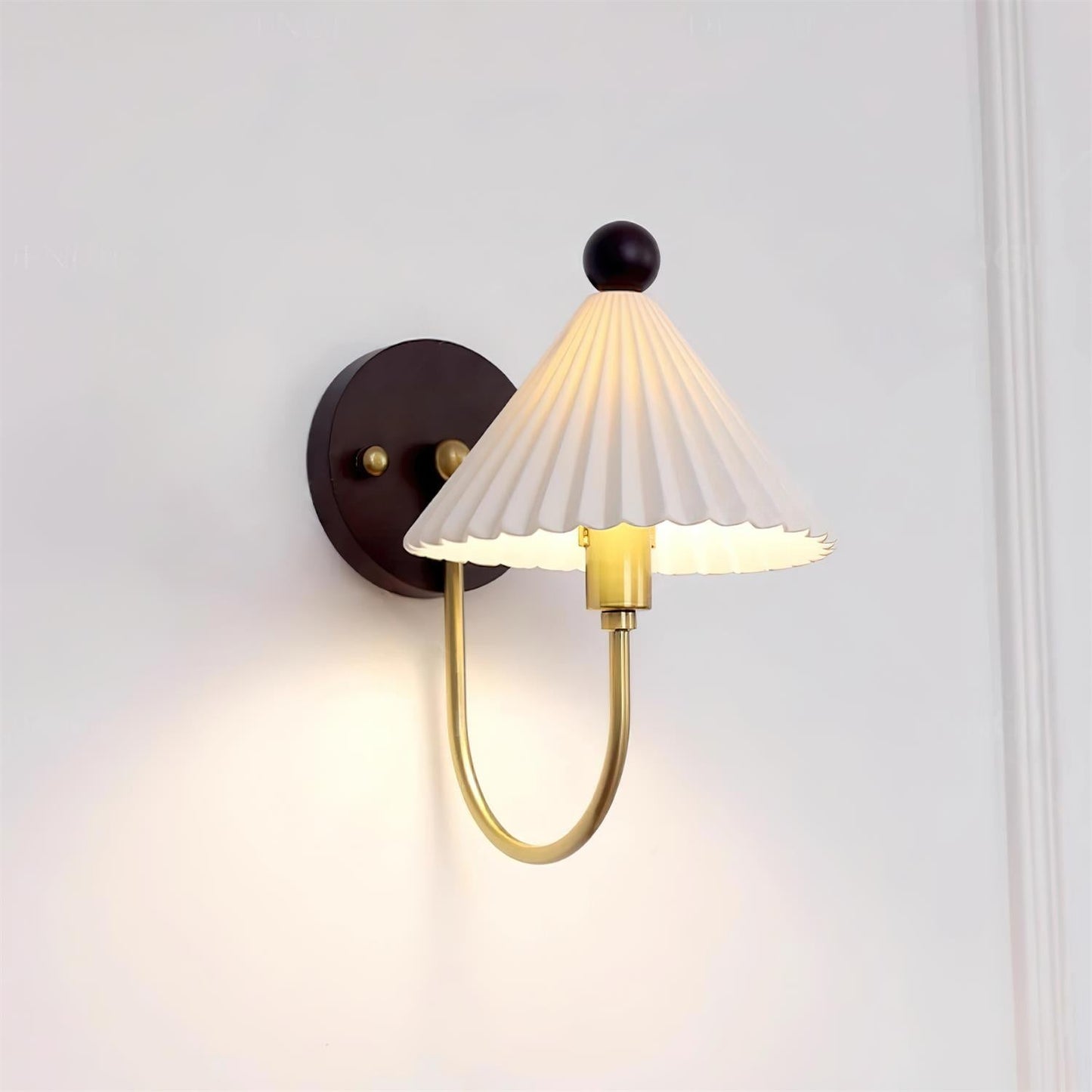 Elodie Ceramics Wall Lamp with Pleated Shade and Wood Accent