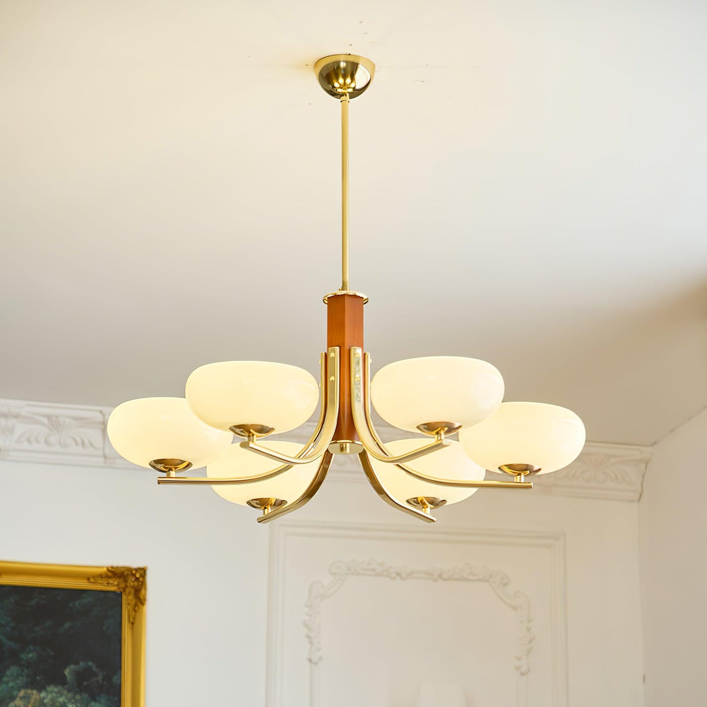 Juliette Klassischer Kronleuchter, Glasschirme mit Eichen- und Metallrahmen