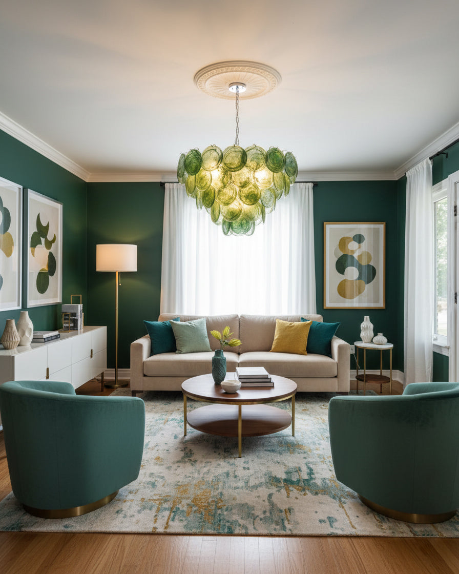 Margaux Glass Chandelier, Hand-Blown Discs with Cascading Metal Frame