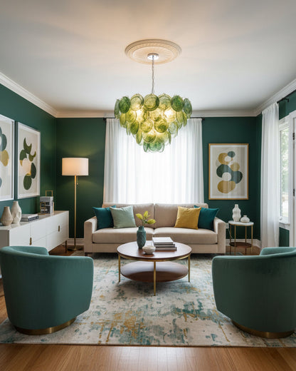Margaux Glass Chandelier, Hand-Blown Discs with Cascading Metal Frame