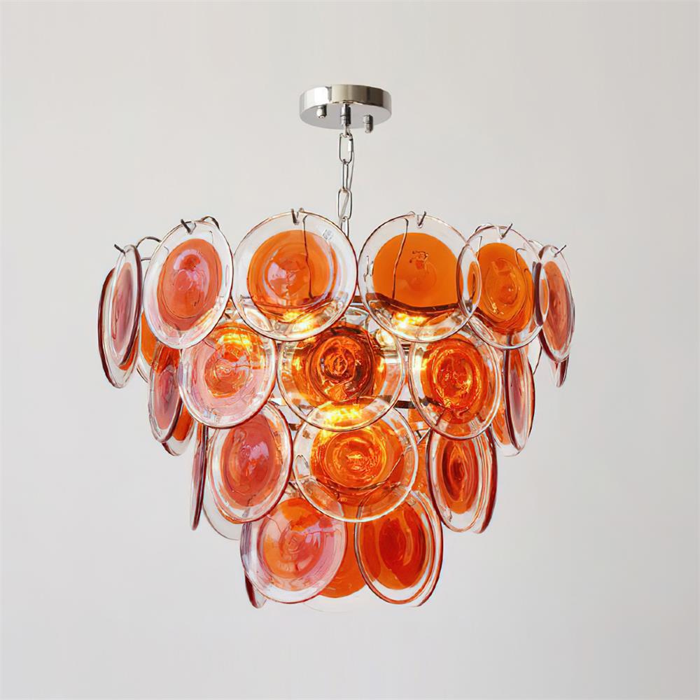 Margaux Glass Chandelier, Hand-Blown Discs with Cascading Metal Frame