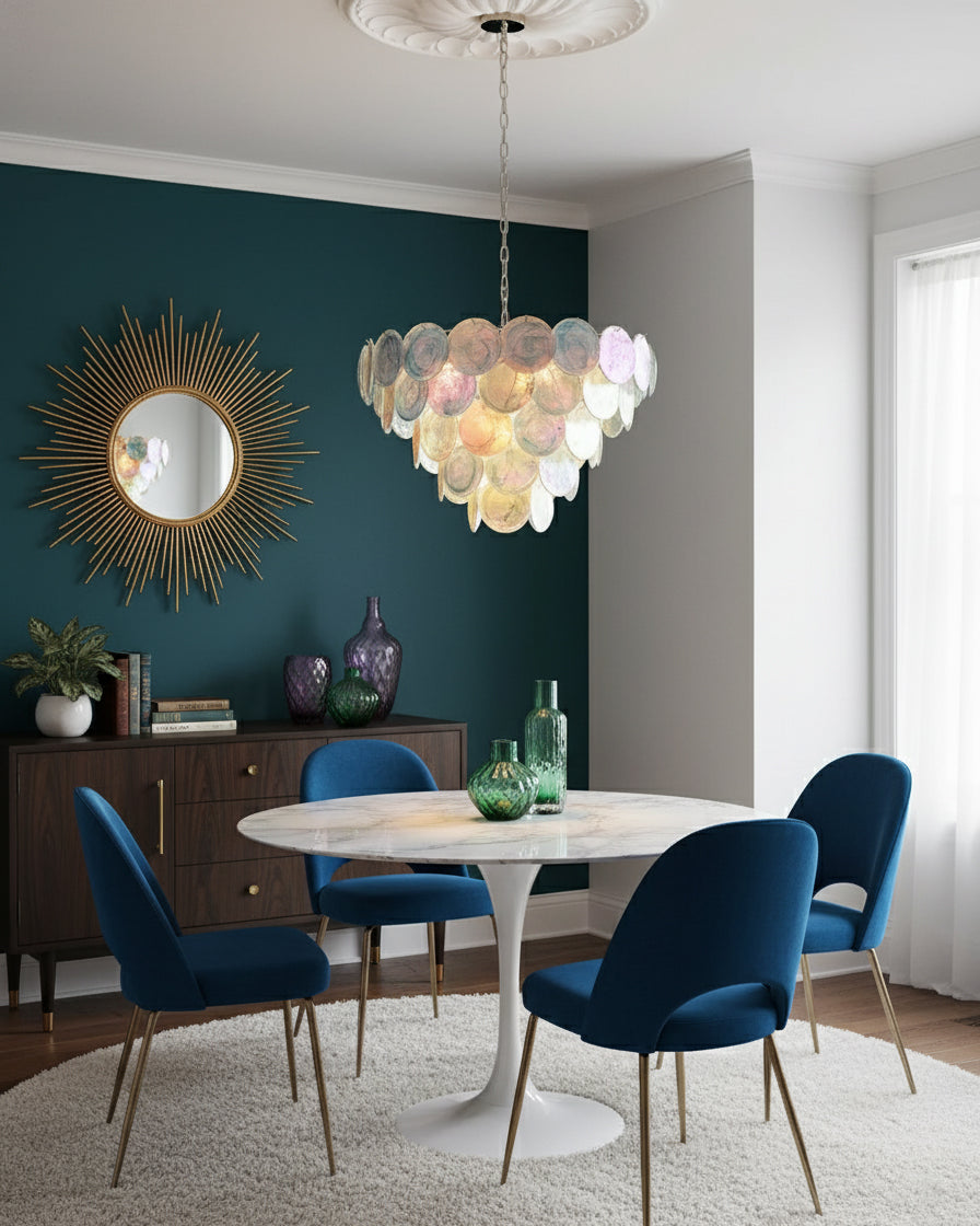 Margaux Glass Chandelier, Hand-Blown Discs with Cascading Metal Frame