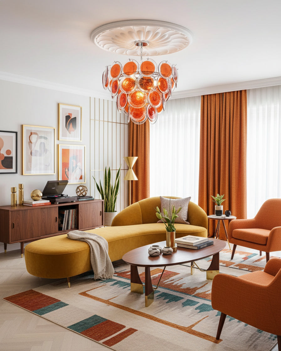Margaux Glass Chandelier, Hand-Blown Discs with Cascading Metal Frame