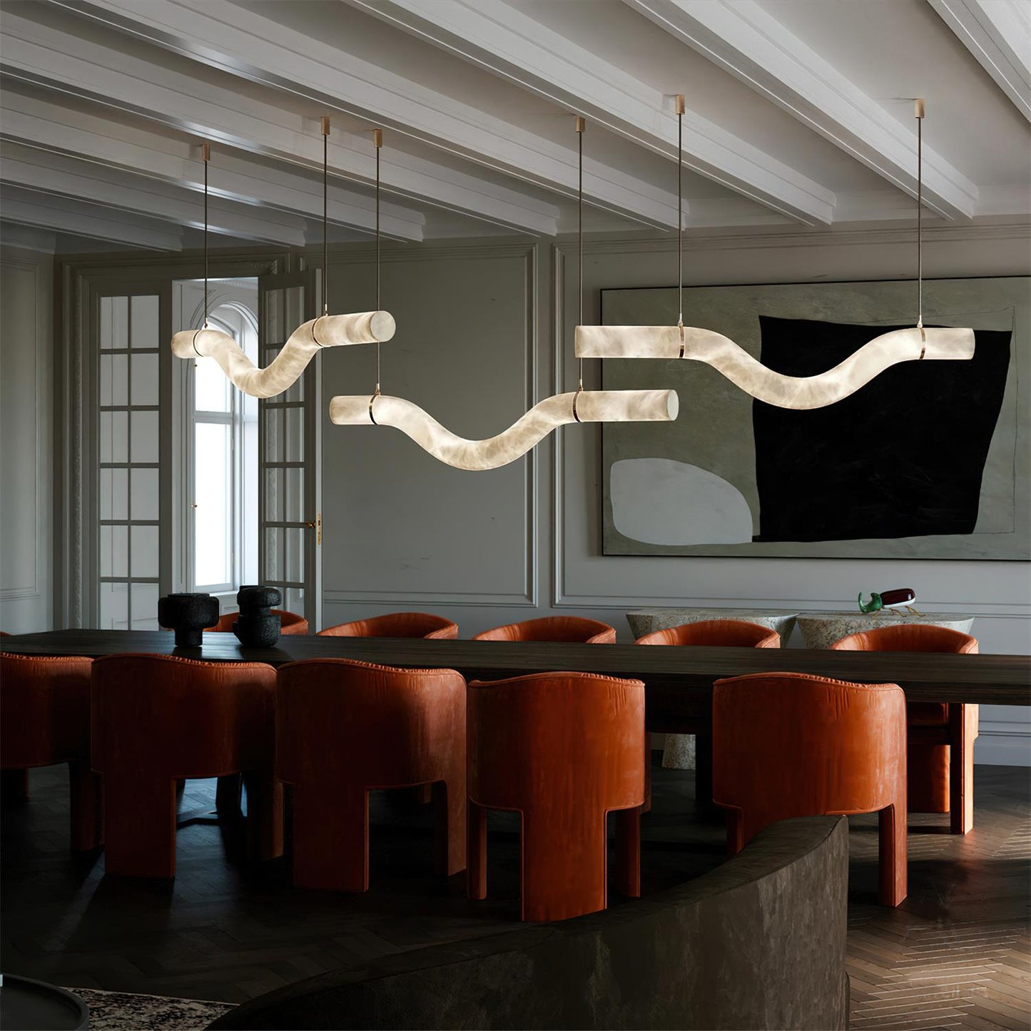 Isabelle Alabaster Chandelier, Sculptural Curved Design with Integrated LEDs