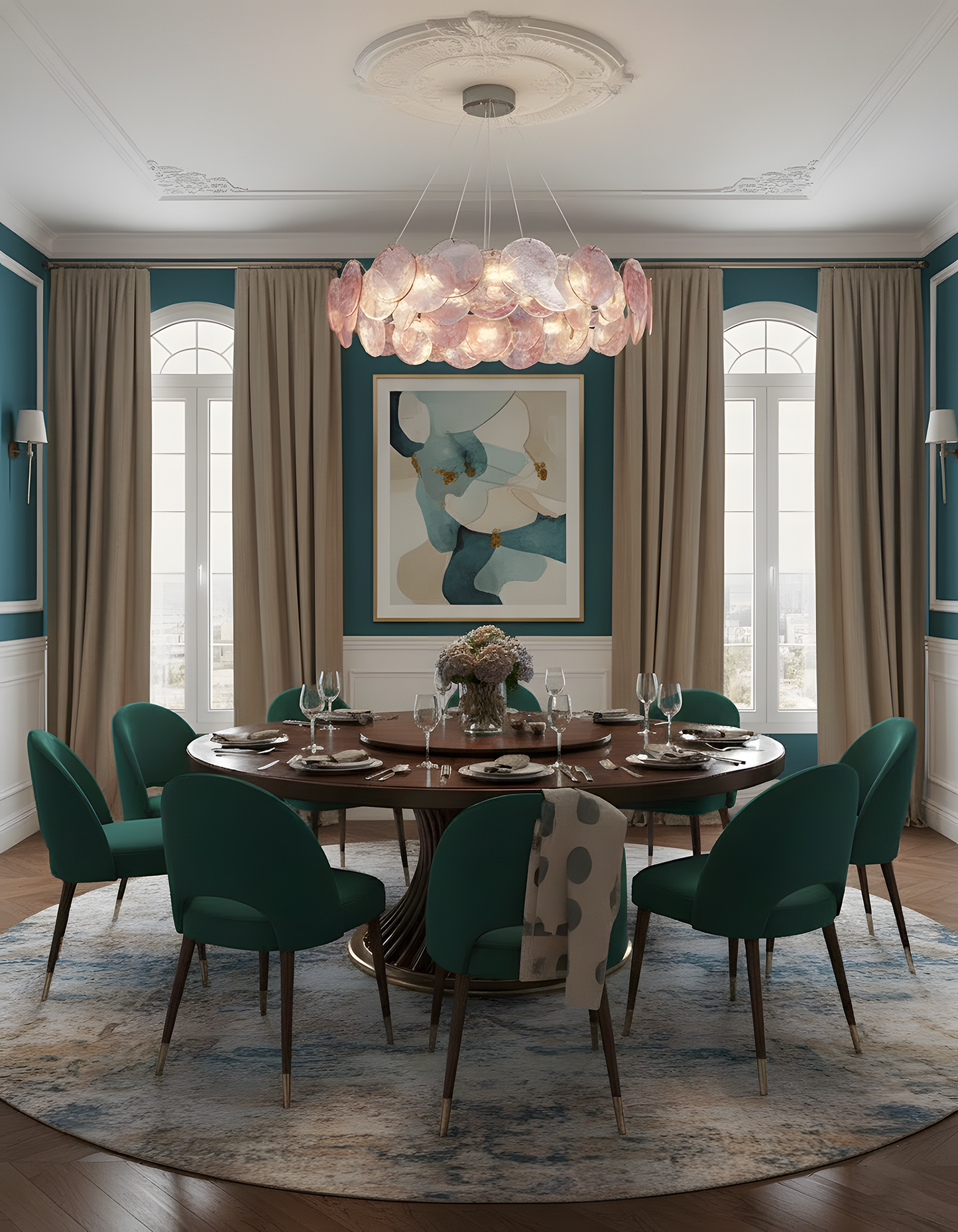 Éloise-Glas-Kronleuchter, kaskadierende rosafarbene Scheiben im Murano-Stil mit Metallrahmen