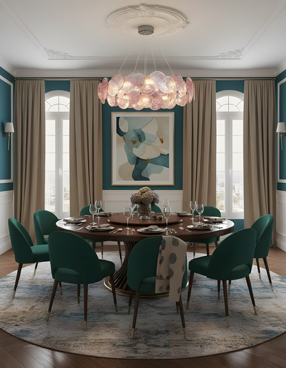 Éloise-Glas-Kronleuchter, kaskadierende rosafarbene Scheiben im Murano-Stil mit Metallrahmen