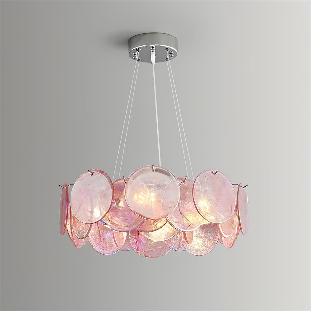 Éloise-Glas-Kronleuchter, kaskadierende rosafarbene Scheiben im Murano-Stil mit Metallrahmen