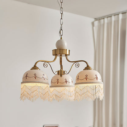 Colette Vintage-Kronleuchter, Glasperlen-Schirme mit Metallrahmen