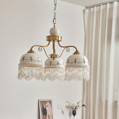 Colette Vintage-Kronleuchter, Glasperlen-Schirme mit Metallrahmen