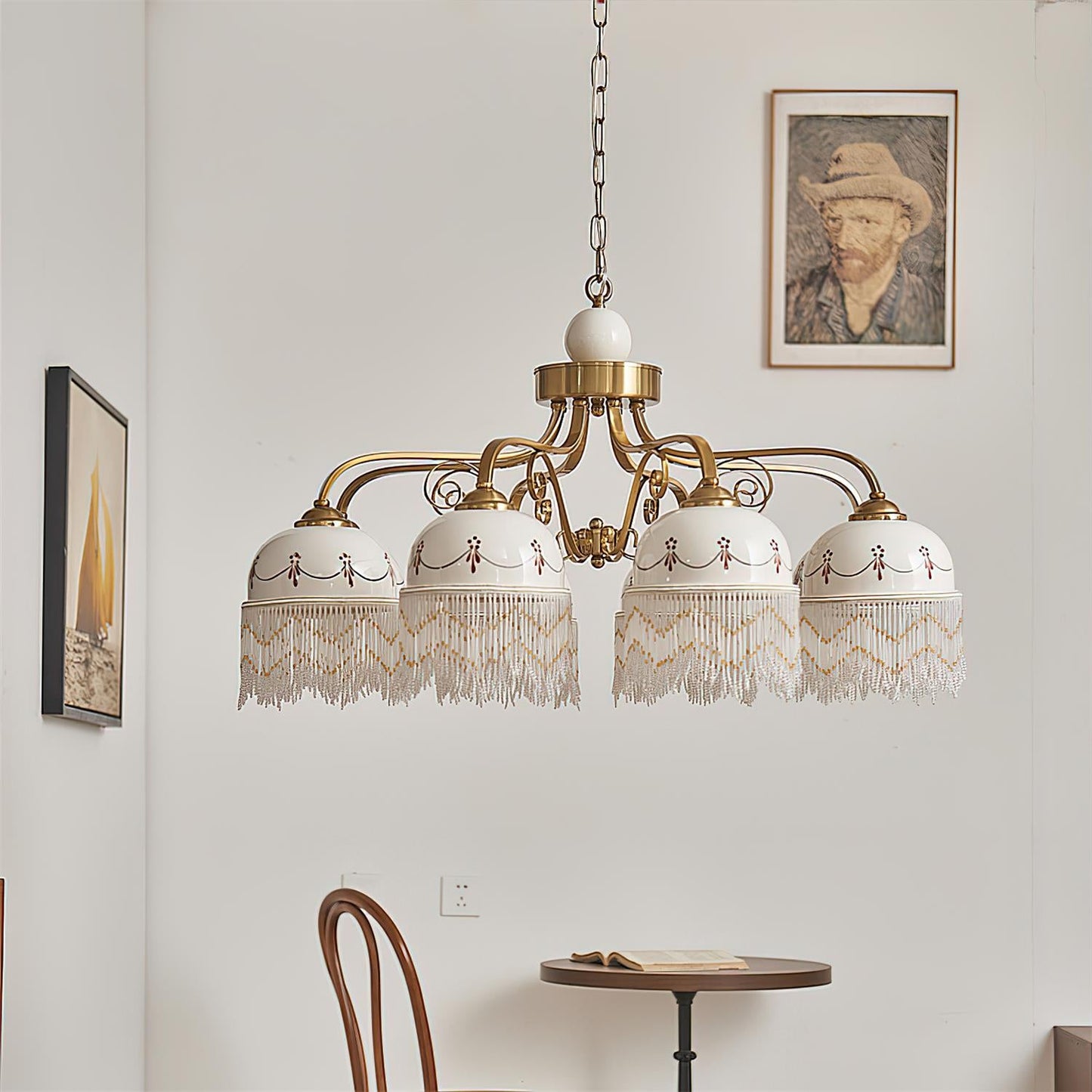 Colette Vintage-Kronleuchter, Glasperlen-Schirme mit Metallrahmen
