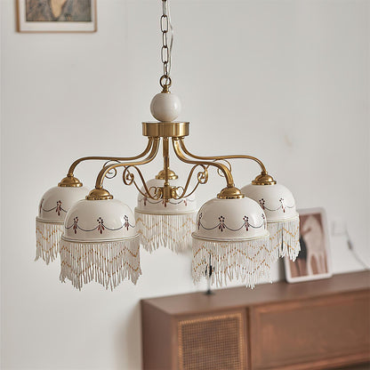 Colette Vintage-Kronleuchter, Glasperlen-Schirme mit Metallrahmen