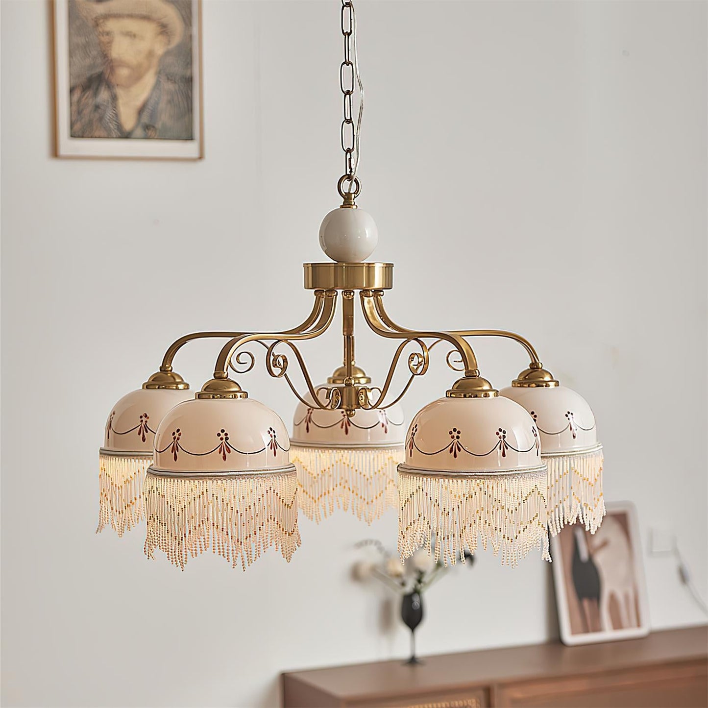 Colette Vintage-Kronleuchter, Glasperlen-Schirme mit Metallrahmen