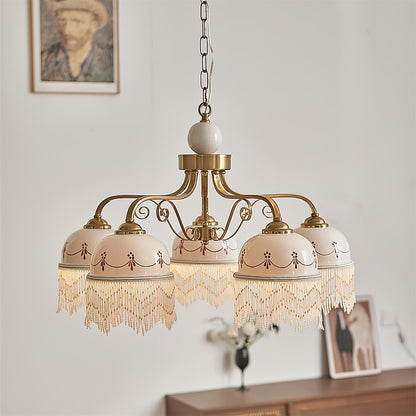 Colette Vintage-Kronleuchter, Glasperlen-Schirme mit Metallrahmen
