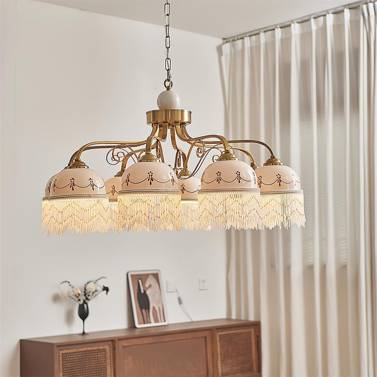 Colette Vintage-Kronleuchter, Glasperlen-Schirme mit Metallrahmen