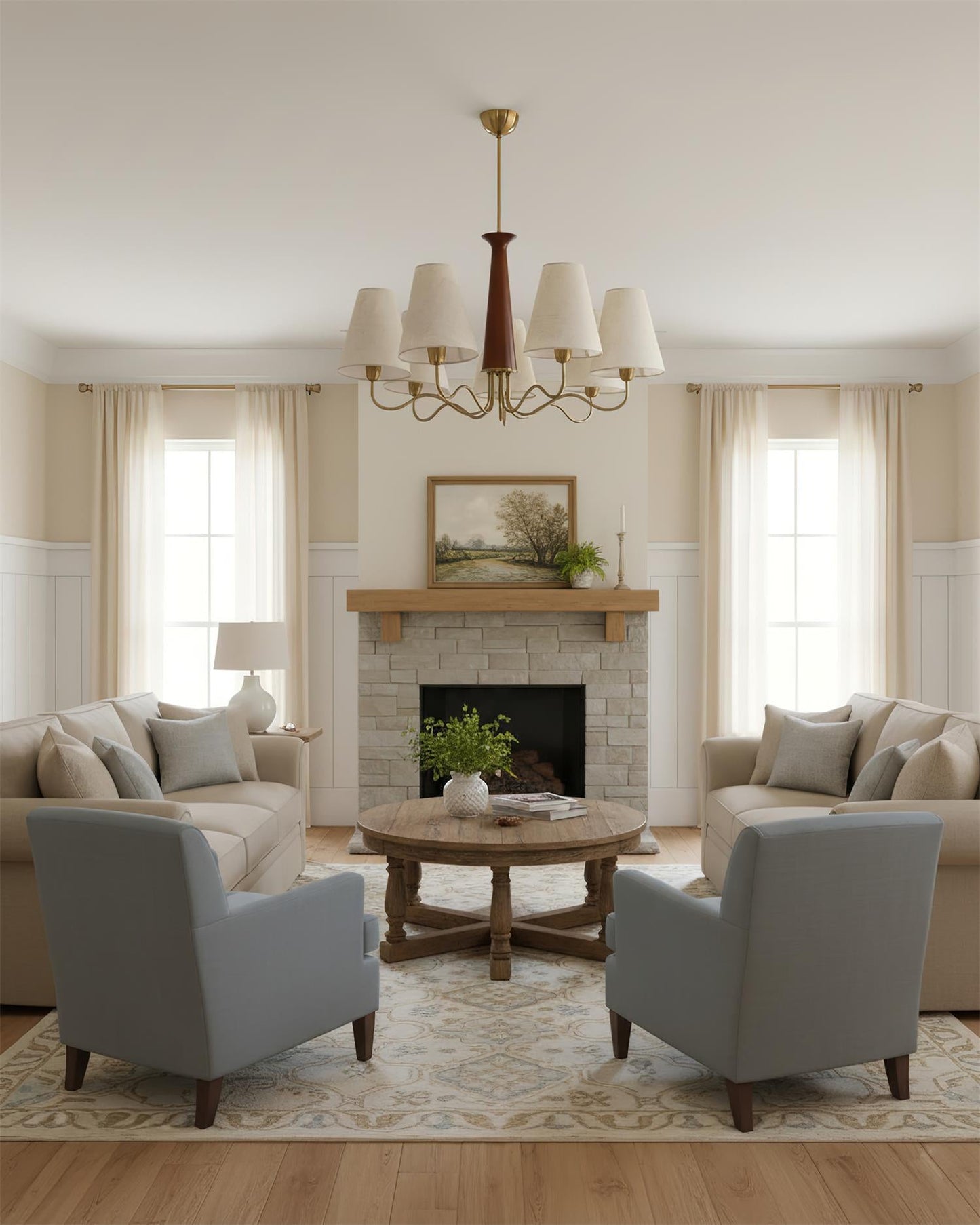 Eléonore Chandelier, Metal Frame with Linen Shades and Wood Accent