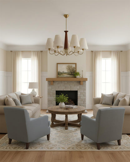 Eléonore Chandelier, Metal Frame with Linen Shades and Wood Accent