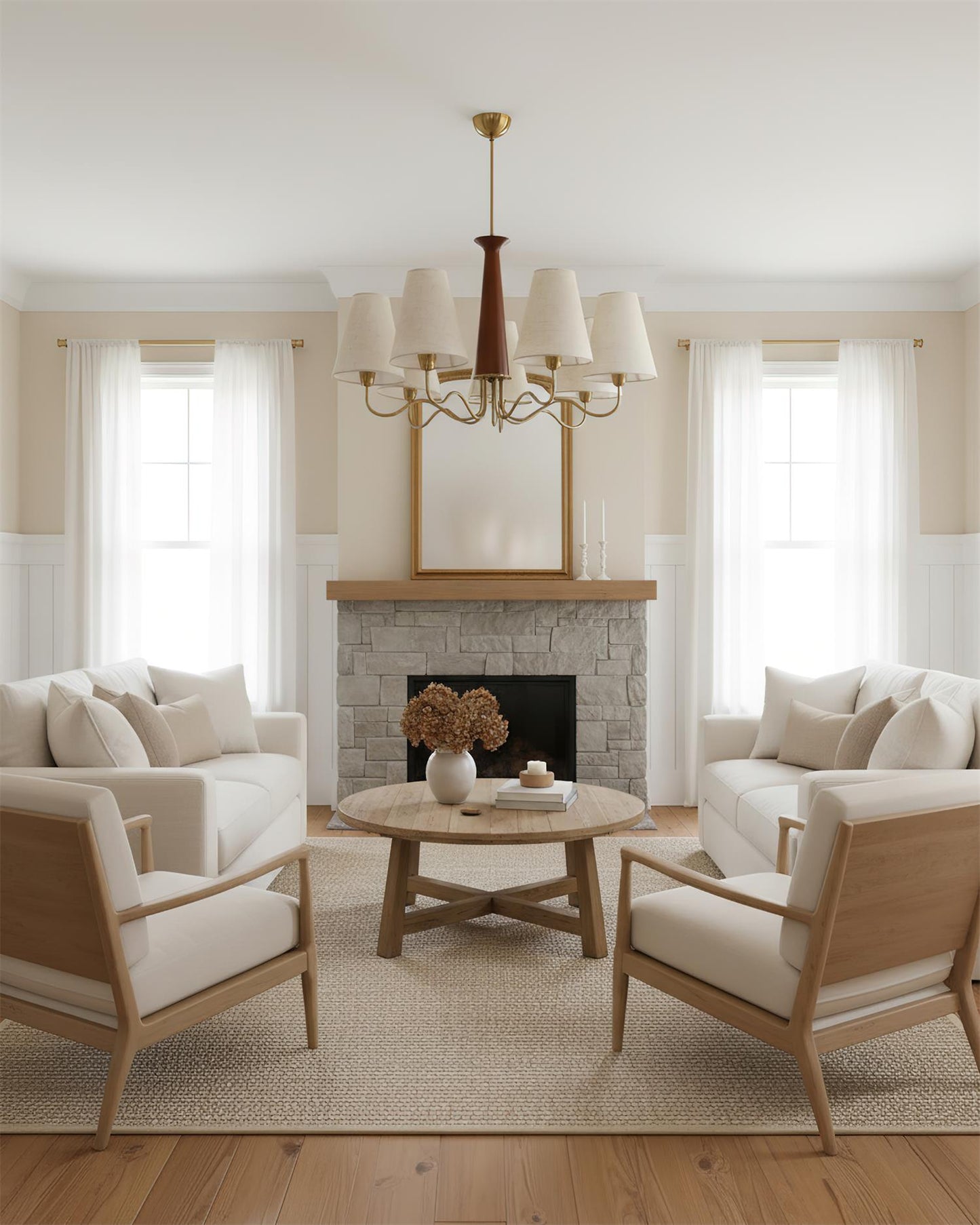 Eléonore Chandelier, Metal Frame with Linen Shades and Wood Accent