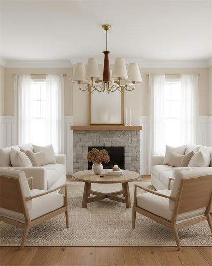 Eléonore Chandelier, Metal Frame with Linen Shades and Wood Accent