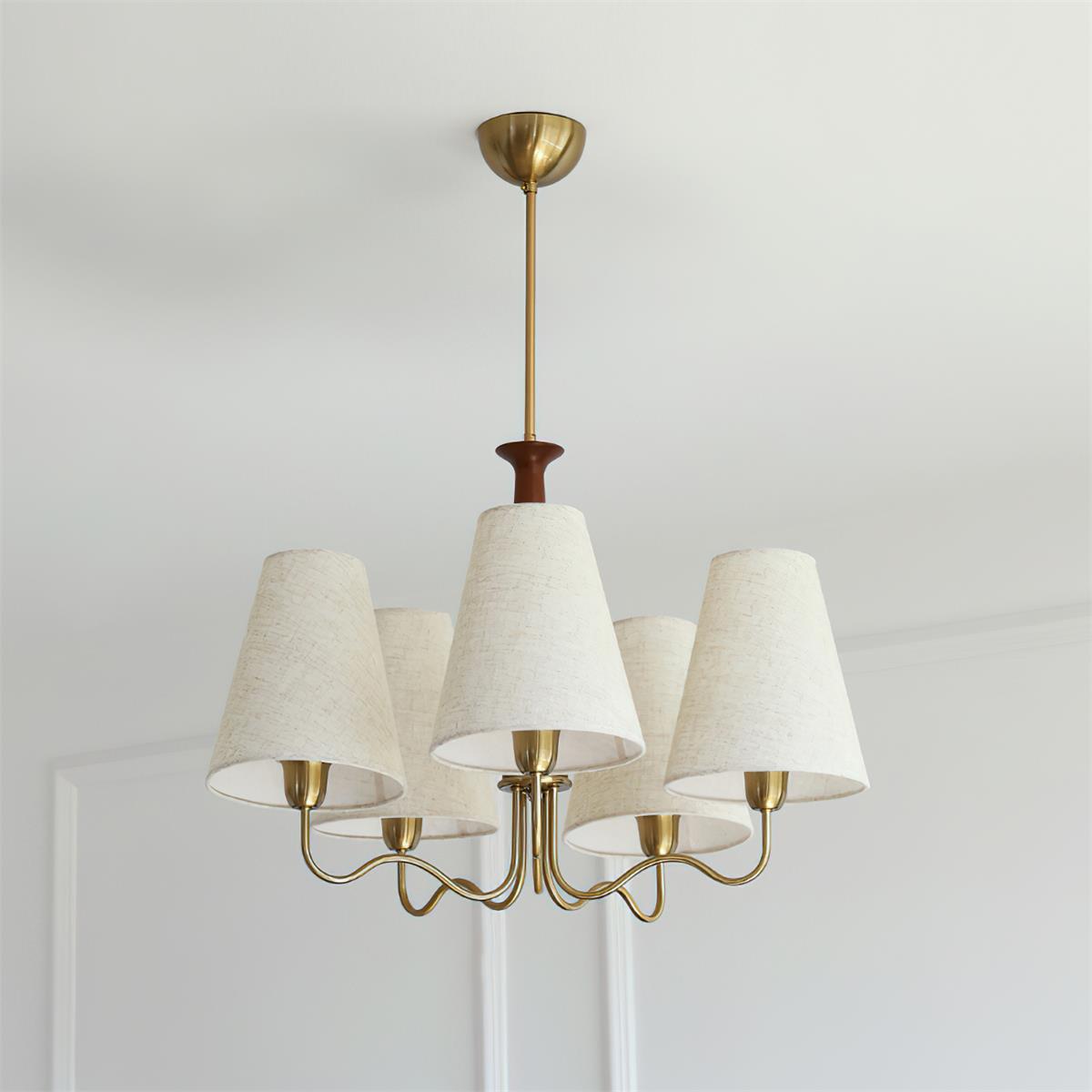 Eléonore Chandelier, Metal Frame with Linen Shades and Wood Accent