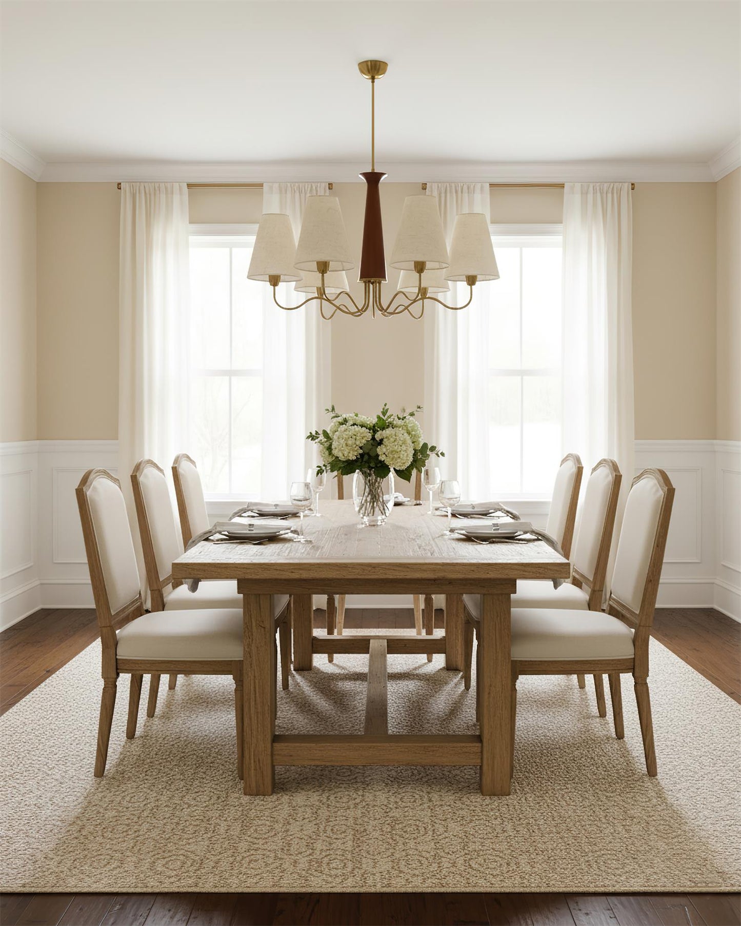 Eléonore Chandelier, Metal Frame with Linen Shades and Wood Accent