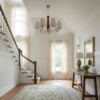 Eléonore Chandelier, Metal Frame with Linen Shades and Wood Accent