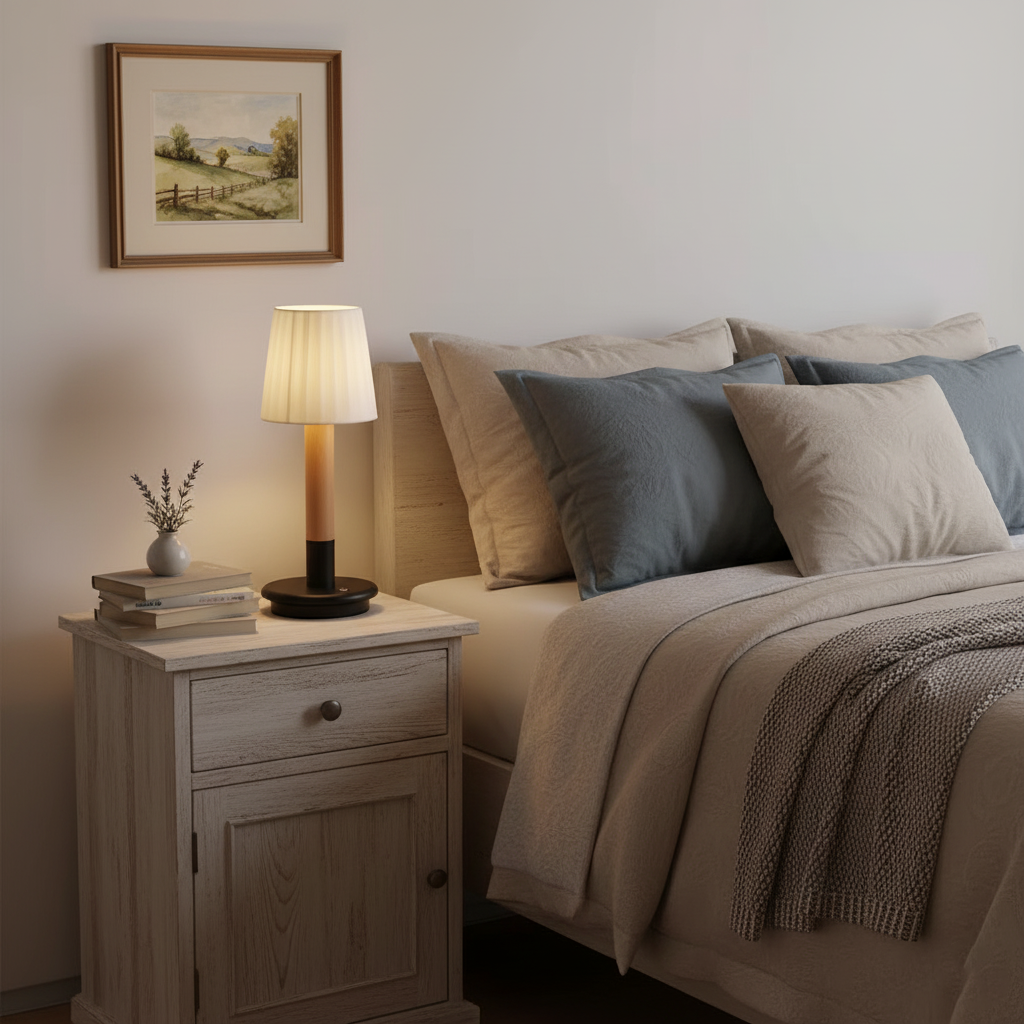 Amelie Tragbare LED-Tischleuchte aus Holz mit Stoffschirm