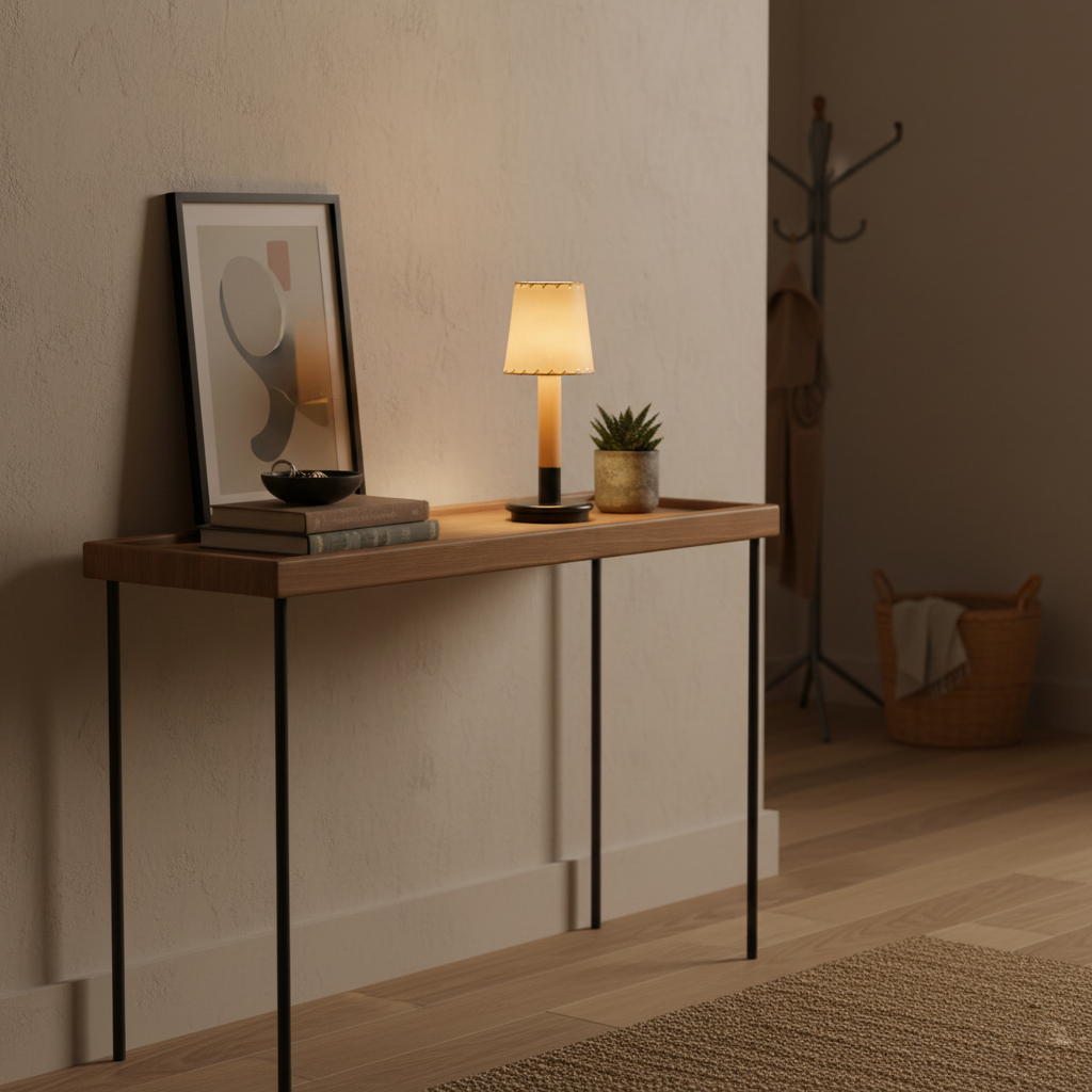 Amelie Tragbare LED-Tischleuchte aus Holz mit Stoffschirm