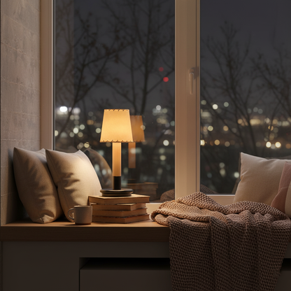 Amelie Tragbare LED-Tischleuchte aus Holz mit Stoffschirm