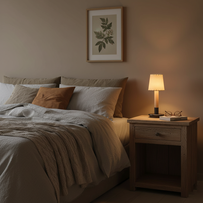 Amelie Tragbare LED-Tischleuchte aus Holz mit Stoffschirm