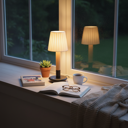 Amelie Tragbare LED-Tischleuchte aus Holz mit Stoffschirm