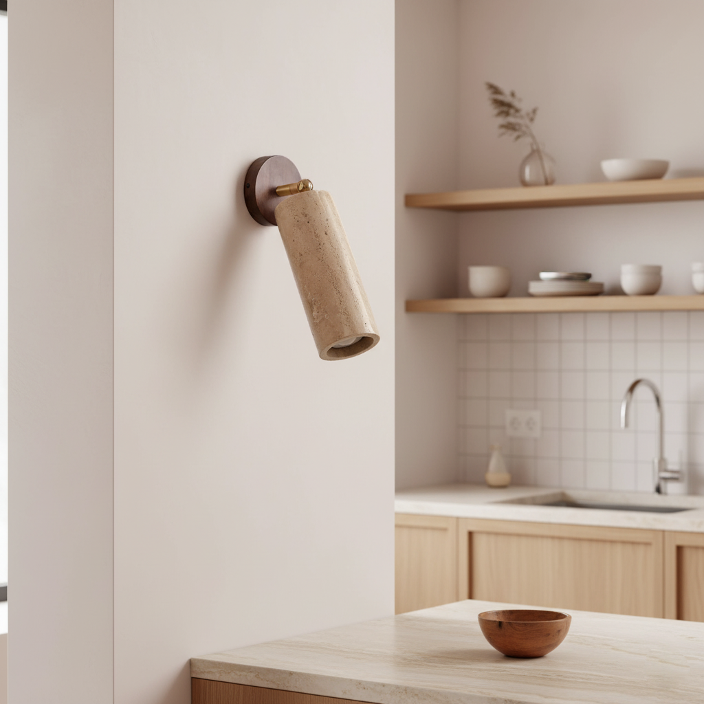 Solène Travertin-Wandleuchte mit Holzfuß und verstellbarem Metallarm