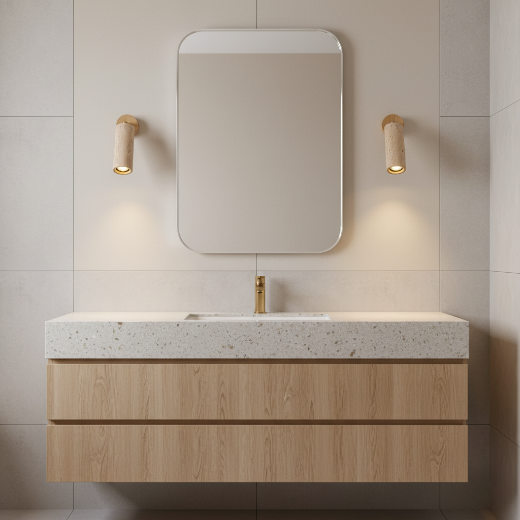 Solène Travertin-Wandleuchte mit Holzfuß und verstellbarem Metallarm