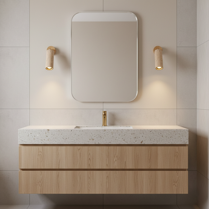 Solène Travertin-Wandleuchte mit Holzfuß und verstellbarem Metallarm
