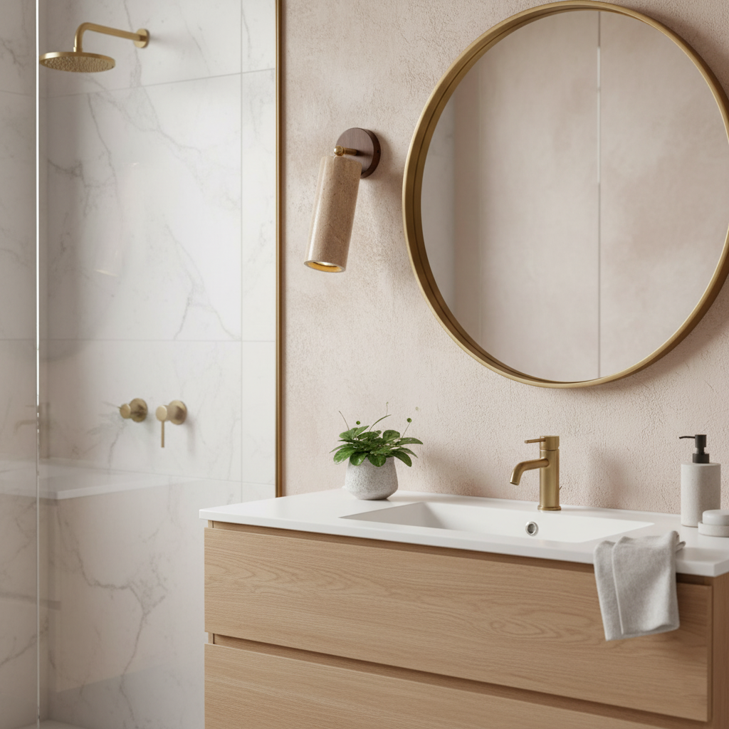 Solène Travertin-Wandleuchte mit Holzfuß und verstellbarem Metallarm