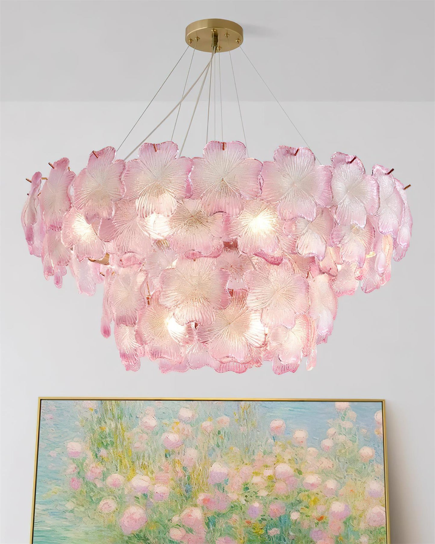 Aurélie Rosafarbener gestufter Blumen-Kronleuchter aus Glas