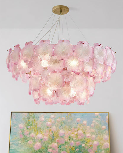 Aurélie Rosafarbener gestufter Blumen-Kronleuchter aus Glas
