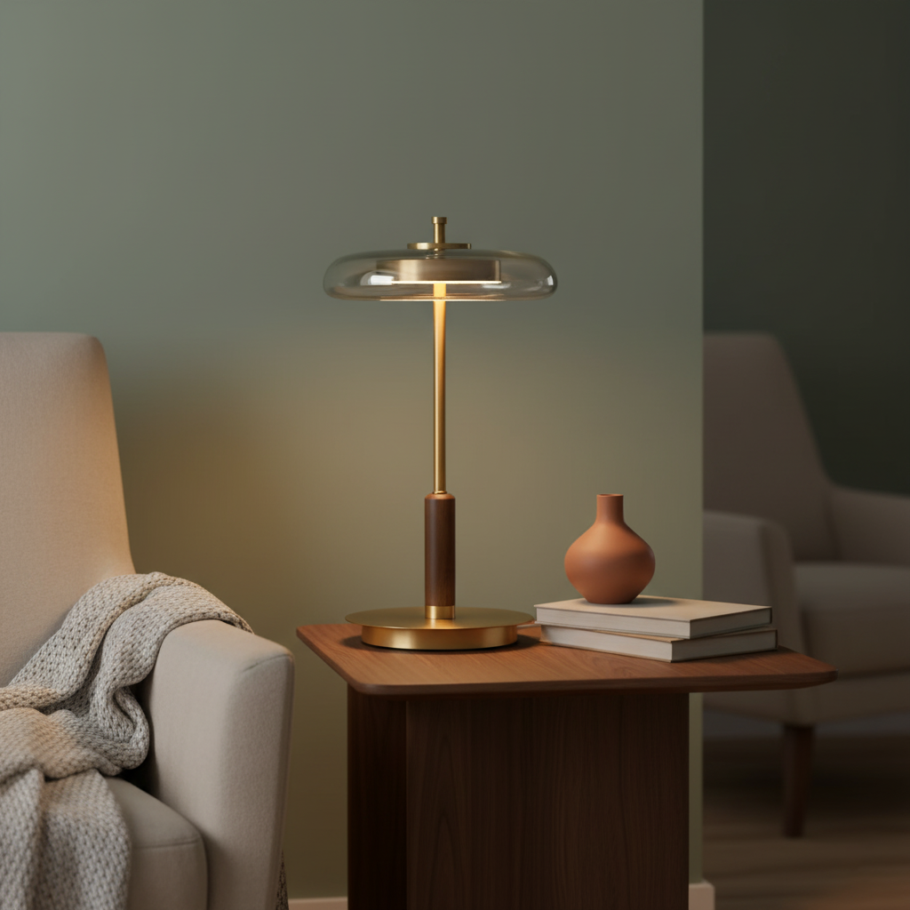 Auriane Glas-LED-Tischleuchte mit Messingsockel-Design
