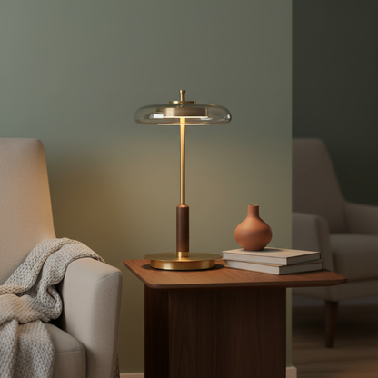Auriane Glas-LED-Tischleuchte mit Messingsockel-Design
