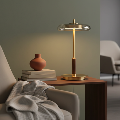 Auriane Glas-LED-Tischleuchte mit Messingsockel-Design