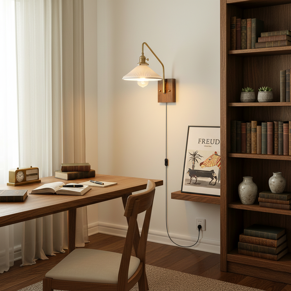 Amélie Retro Plug-in Wandlampe mit Walnuss- und Glasdesign