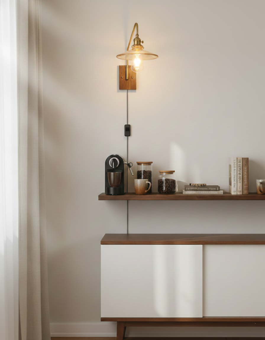 Amélie Retro Plug-in Wandlampe mit Walnuss- und Glasdesign