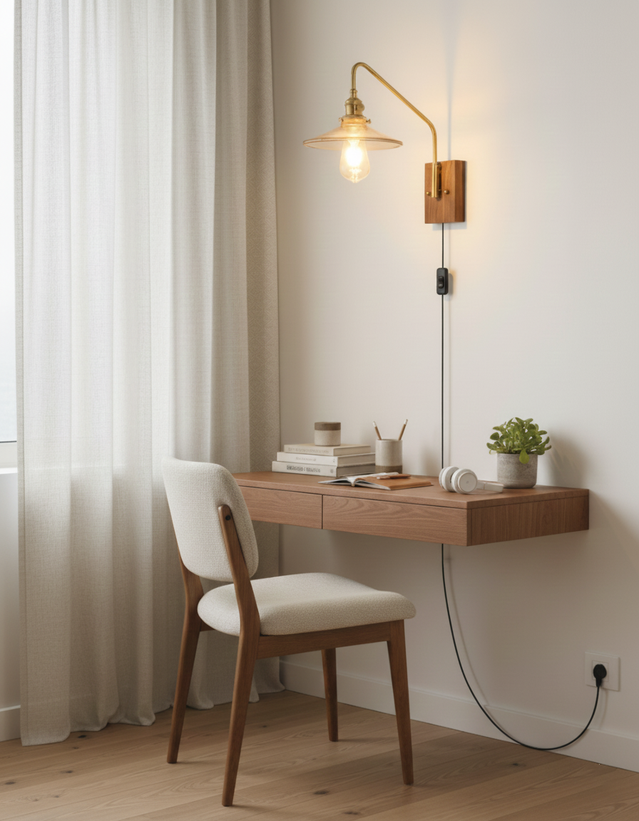 Amélie Retro Plug-in Wandlampe mit Walnuss- und Glasdesign