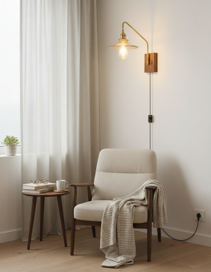 Amélie Retro Plug-in Wandlampe mit Walnuss- und Glasdesign