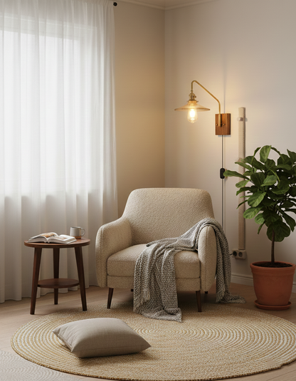 Amélie Retro Plug-in Wandlampe mit Walnuss- und Glasdesign