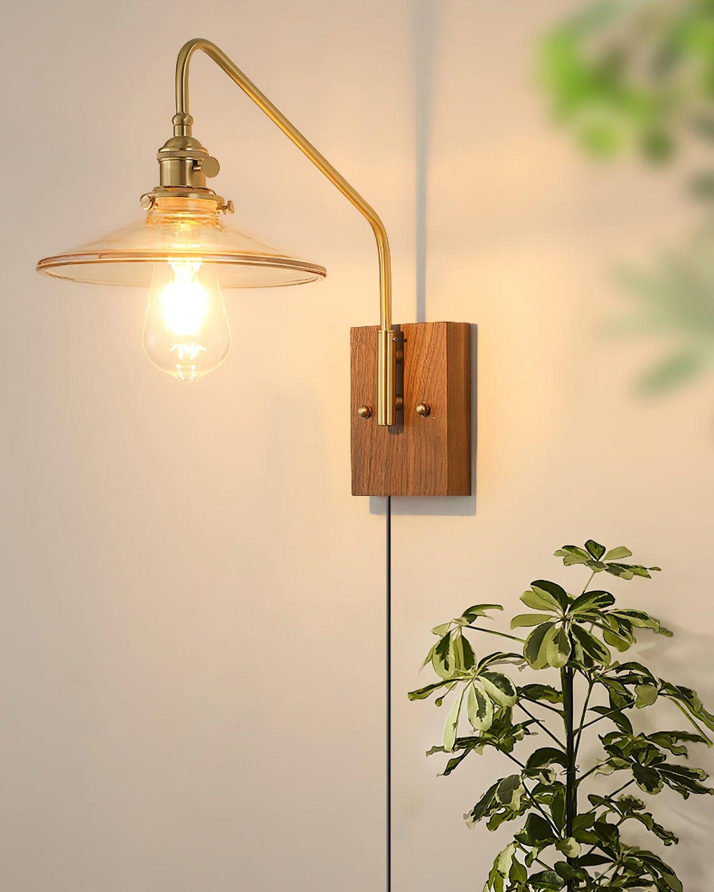 Amélie Retro Plug-in Wandlampe mit Walnuss- und Glasdesign