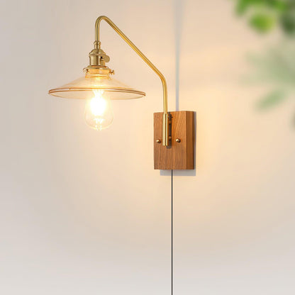 Amélie Retro Plug-in Wandlampe mit Walnuss- und Glasdesign