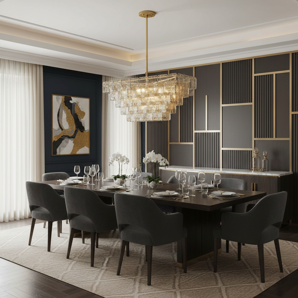 Séverine Glass Chandelier, Layered Textured Panels with Gold Frame