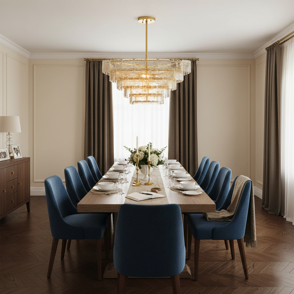 Séverine Glass Chandelier, Layered Textured Panels with Gold Frame