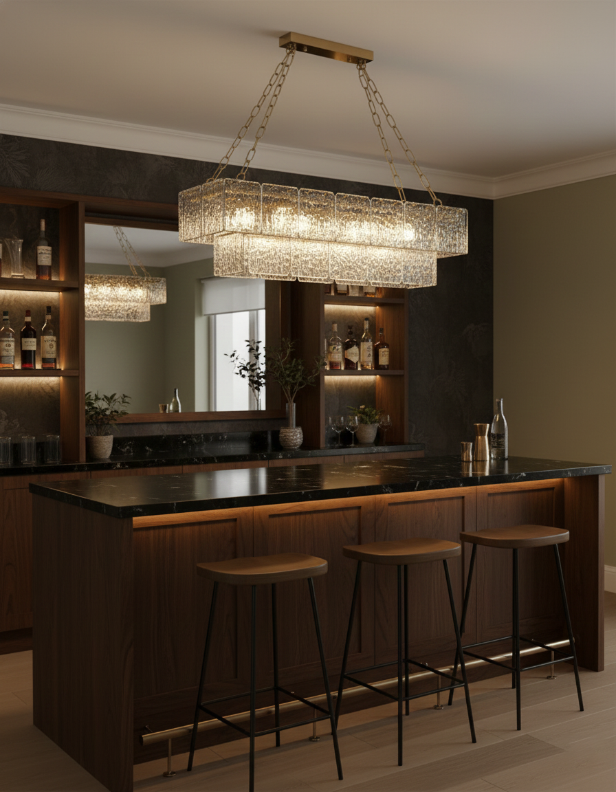 Séverine Glass Chandelier, Layered Textured Panels with Gold Frame